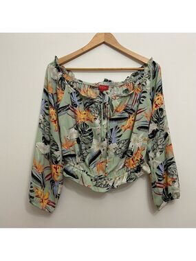 Guess  tropical top green yellow orange crop oversized blouse smock small